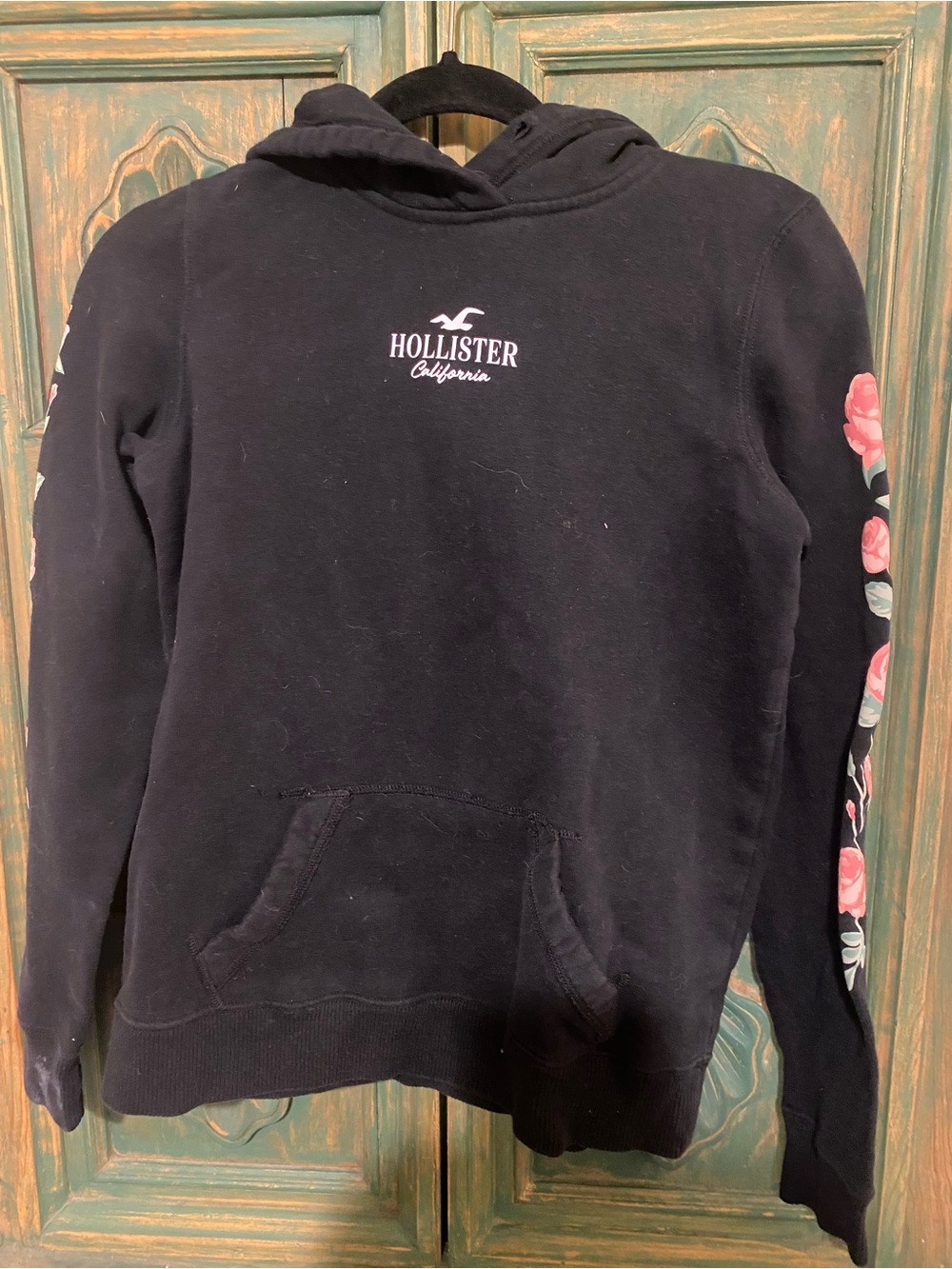 Hollister Black Hoodie Sweater with Pink Rose Sleeve Accents
